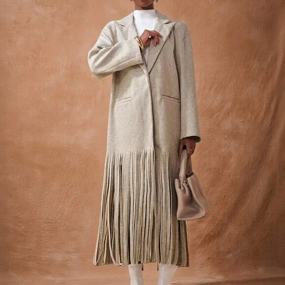 Light Grey Casual Women's Long Sleeves Fringed Hem Tweed Coat - Picture 7 of 8